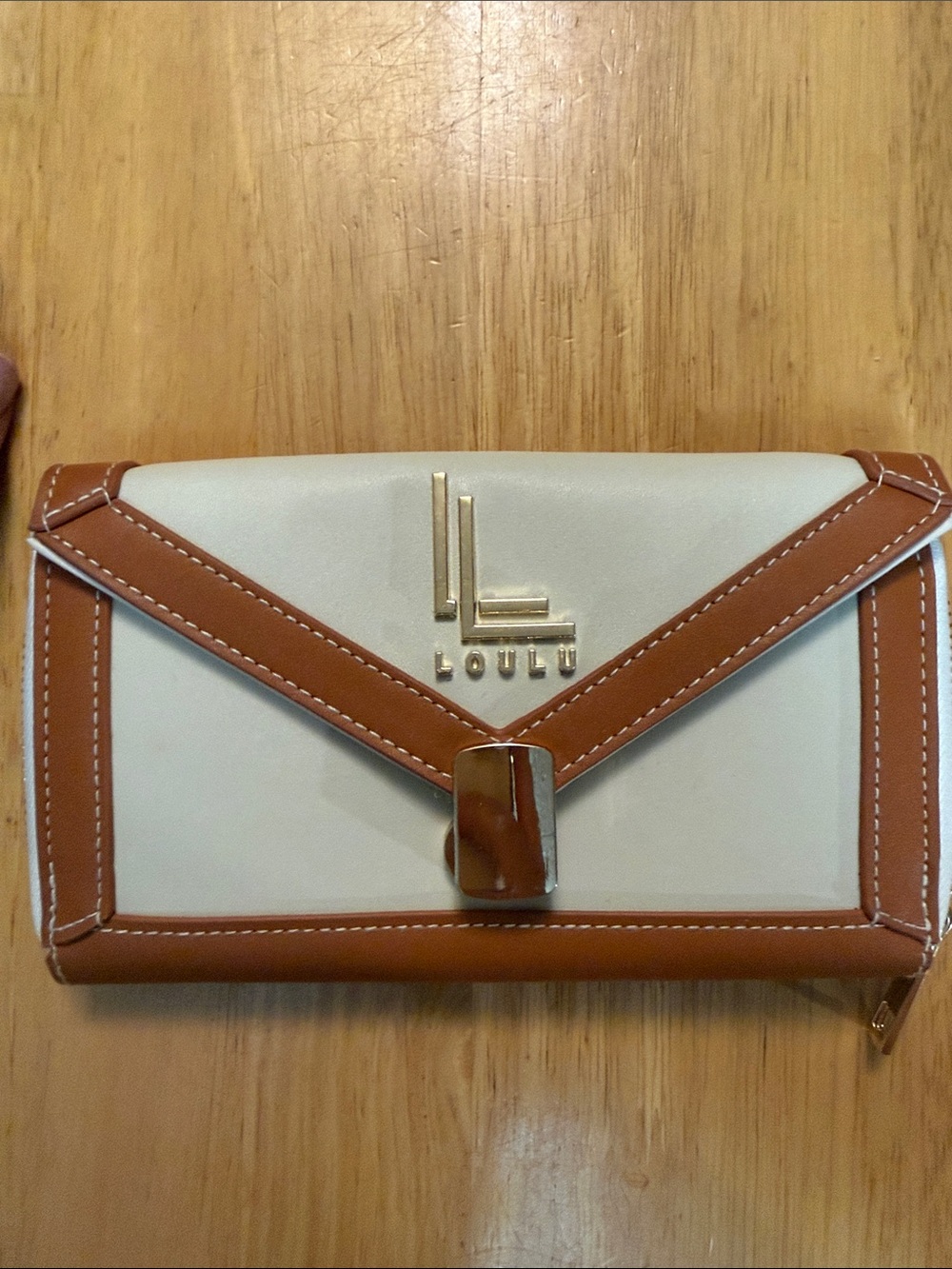 LOULU Cream and Tan Envelope Wallet with Gold Hardware